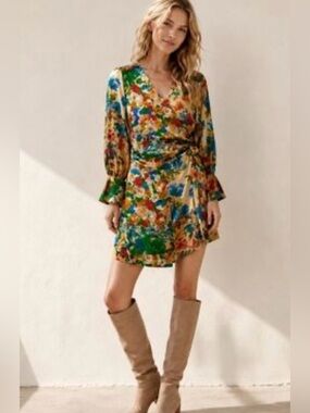 Zara Beige Floral Wrap Dress with Blue, Green & Orange Accents